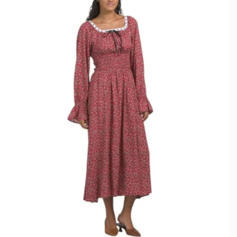 NWT LUNA SKIES Square Neck Long Sleeve Floral Printed Midi Dress Size M